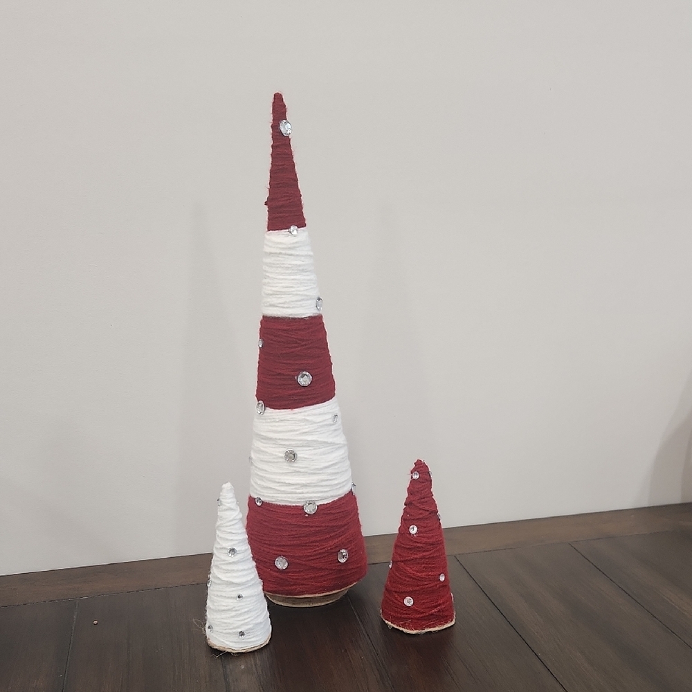 Handmade Christmas Tree Red and White Holiday Cone Set 17in High
